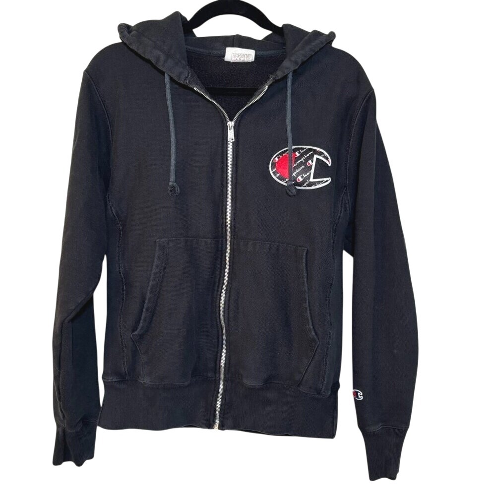 Vintage Champion Hoodie Size Small Black Reverse Weave Full-Zip Streetwear